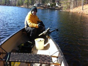Joel trolling for rainbow trout on Stanley Pond on a cold April morning