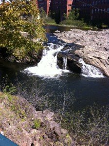 Close-up view of the Saccarappa Falls on the Presumpscot River in downtown Westbrook