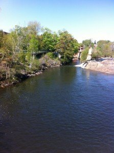 View of the falls on the Presumpscot River from Bridge Street in downtown Westbrook