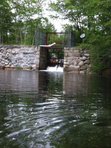 The dam separating Little Sebago Lake from Mill Pond