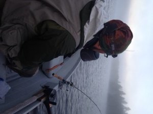 Trolling with Salvi in the early-morning fog. Hot coffee helps! 