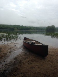 The access point on Beaver Pond with view of the large island and a hint of Pleasant Mountain in the background