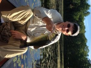 This 17" largemouth bass pounced on a noisy buzz bait 