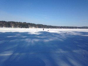 General view of Trickey Pond with Joel jigging around the off-shore tipups