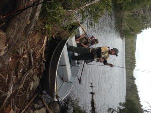 Getting ready to tackle Pickerel Pond. Three fly fishermen in a small rowboat makes for tight quarters!