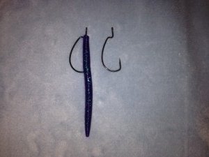 A 5" soft stickbait with an embedded offset hook. Make sure that the worm sits straight on the hook. 