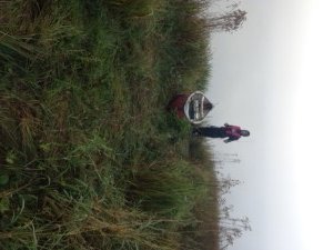 The access point to Brainard Pond. The fog on the water is so thick that the pond, located right behind Christian, is invisible!