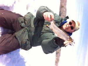 Your blog author with a 16" brookie jigged through the ice.