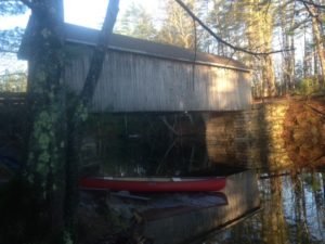 The access point on the Presumpscot River by the Babbs Covered Bridge