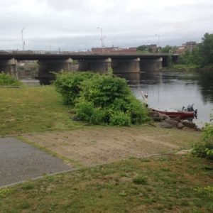 The boat launch on the Auburn side of the river, with Longley Bridge in the background hiding the Great Falls