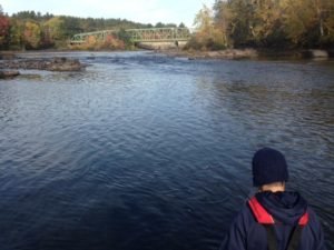 The pool downstream of the small rapids is where we both caught a brown trout. Note the many exposed boulders.