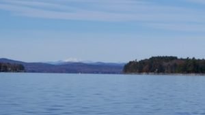 View of the white Mountains from Sebago Lake